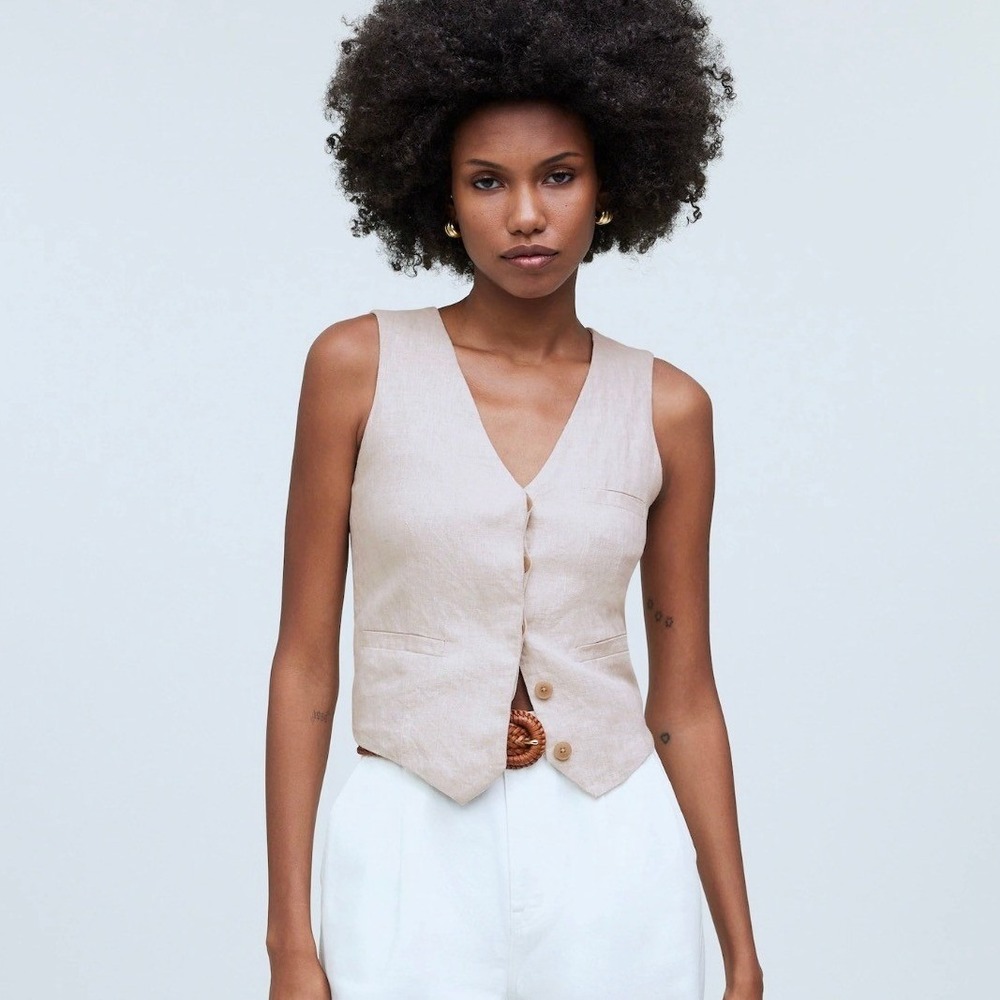 Madewell 100% Linen Single Breasted Vest Size 0 Hidden Button Preppy Office Work